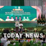 Presiden Prabowo Subianto saat pidato dalam acara Kongres ke-18 Muslimat NU di Surabaya. Foto: Pramitha