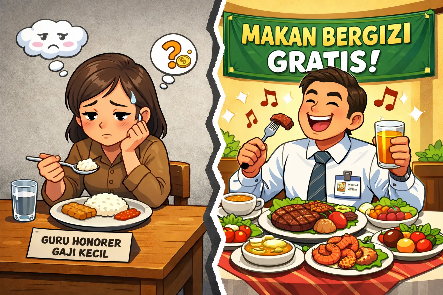 Ilustrasi Guru Honorer (kiri) dan Pegawai SPPG (kanan).