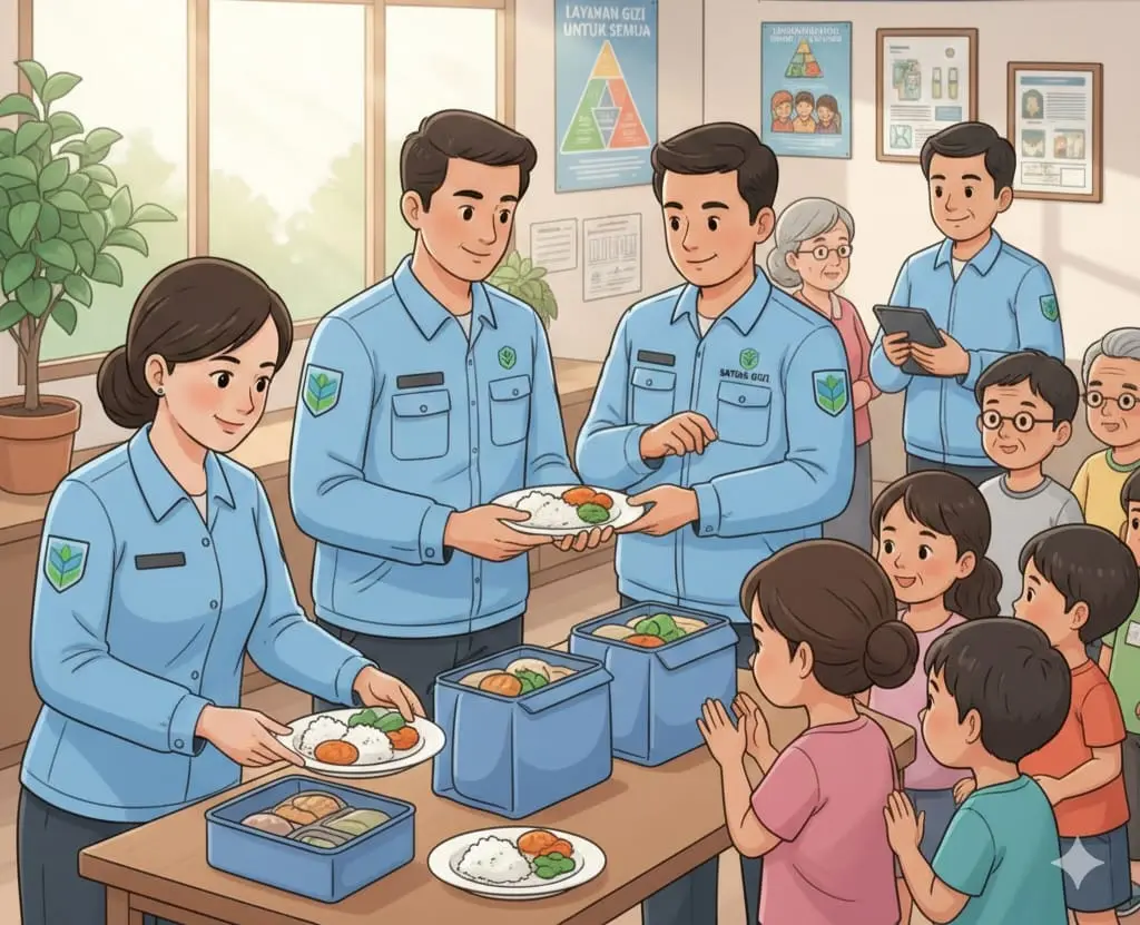 Buatkan gambar karikatur pegawai Satuan Pelayanan Pemenuhan Gizi
