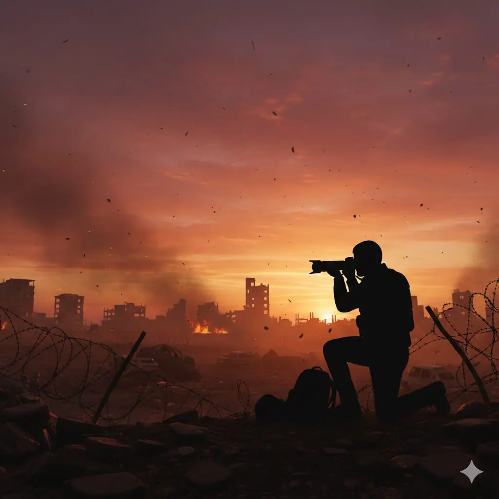 Ilustrasi seorang Jurnalis sedang liputan di daerah konflik.