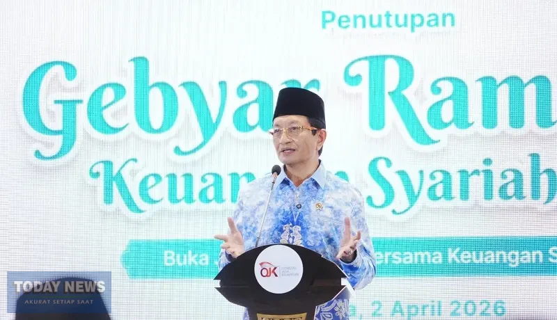 Menteri Agama (Menag) Nasaruddin Umar memberikan keynote speech pada acara puncak penutupan Gebyar Ramadan Keuangan Syariah 2026 di Gedung OJK Bank Indonesia, Jakarta Pusat, Kamis (2/4/2026). (Kemenag)