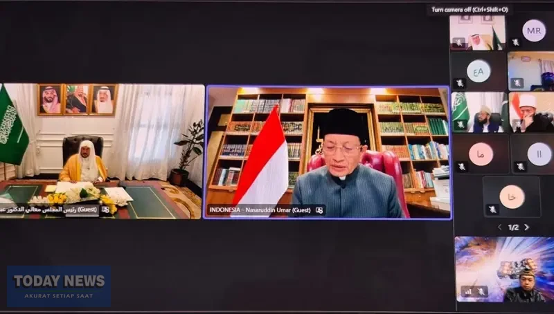 Menteri Agama (Menag), Nasaruddin Umar tampil pada konferensi internasional yang diselenggarakan oleh Kementerian Agama Arab Saudi secara daring pada Kamis, 2 April 2026. (Kemenag)
