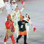 Kontingen Indonesia mencuri perhatian pada Opening Ceremony Asian Beach Games (AB) 2026 Sanya, China, Rabu (22/4/2026). (NOC Indonesia)