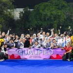 Timnas Hockey Field Putri Indonesia merayakan sukses meraih medali perunggu pada ajang babak kualifikasi Hockey Field Putri Asian Games 2026. (PP FHI)