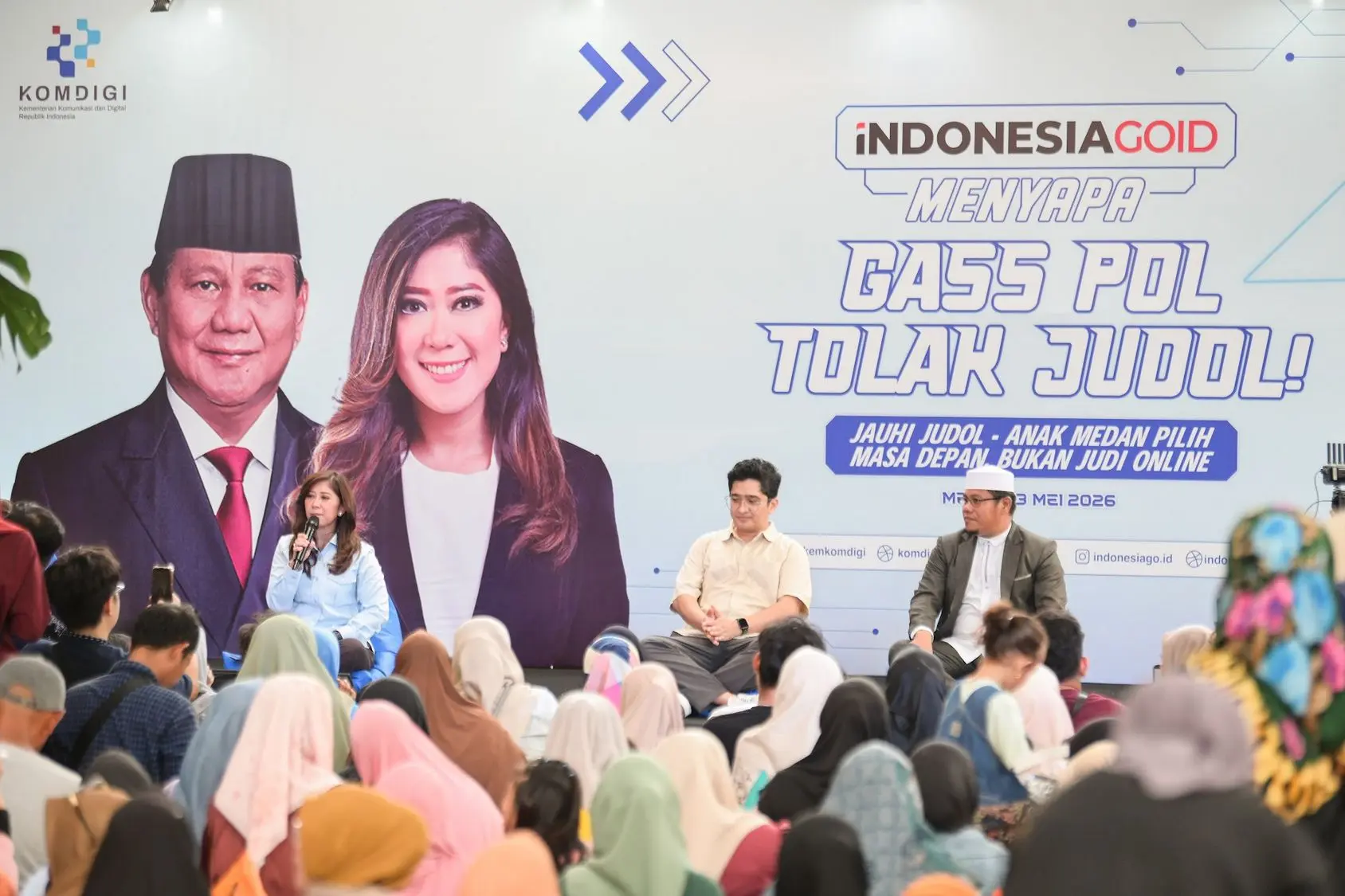 Menkomdigi Meutya Hafid dalam kegiatan Indonesia GOID Menyapa Gass Pol Tolak Judol - Jauhi Judol, Anak Medan Pilih Masa Depan, Bukan Judi Online di Kota Medan, Rabu (13/5/2026).
